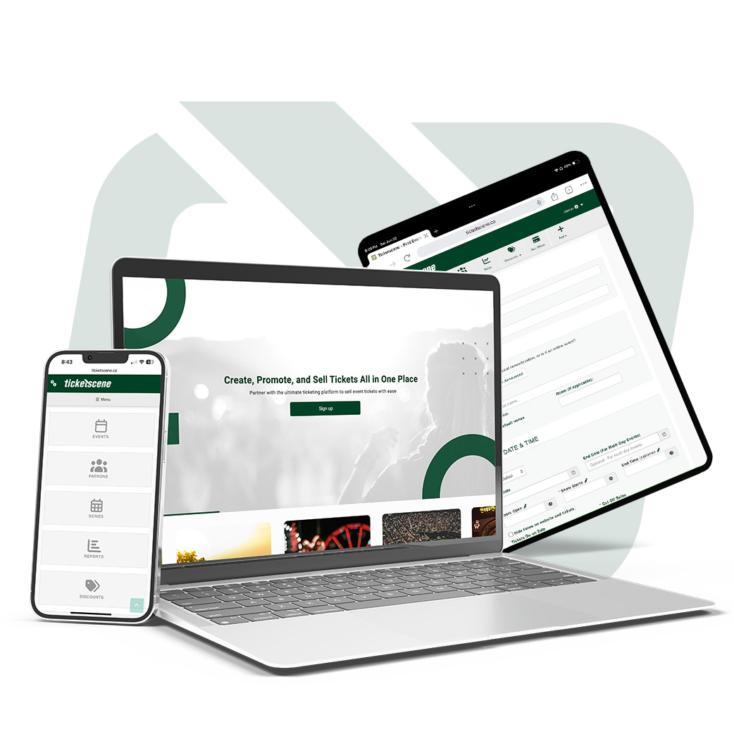 Ticketscene website on smartphone device, tablet, laptop and desktop